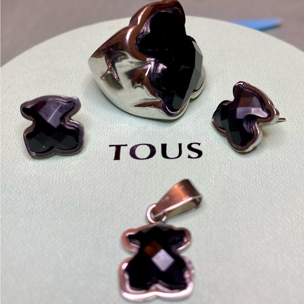 Tous onyx and silver stainless steel, ring size 7, earrings and charm